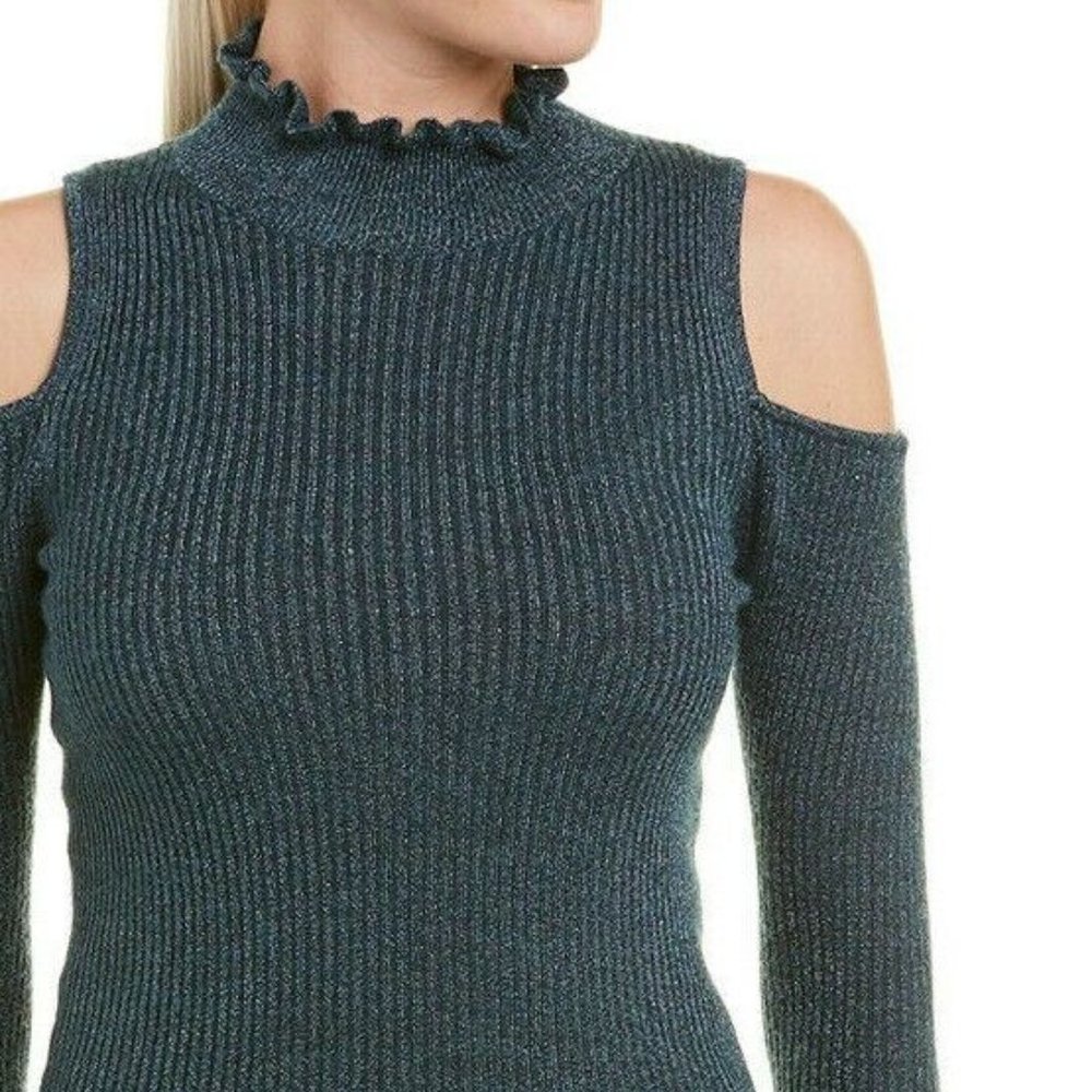 NEW REBECCA TAYLOR Open-Shoulder Metallic Ribbed Pullover Sweater in Blue size M - Picture 3 of 4